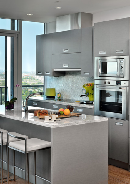modern kitchen with gray cabinets