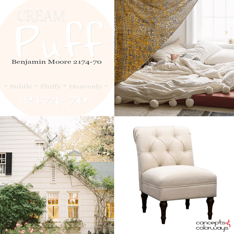 Benjamin Moore cream puff, pinkish-cream, pale peach, pale blush, cream puff used in interior design, 2016 color trends