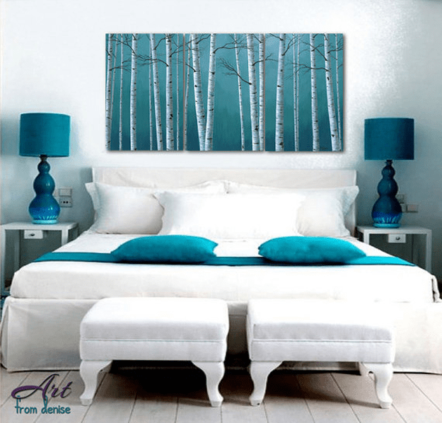 teal blue birch tree painting