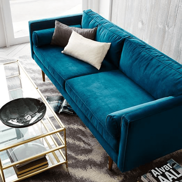 teal blue velvet sofa