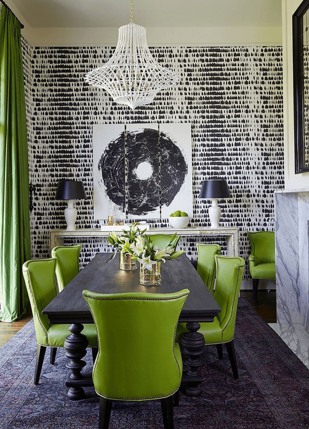 black and white dining room lime green chiars