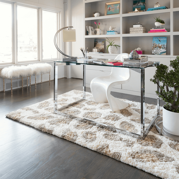 home office with ivory and taupe spotted rug