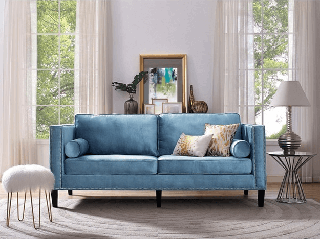 slate blue velvet modern sofa