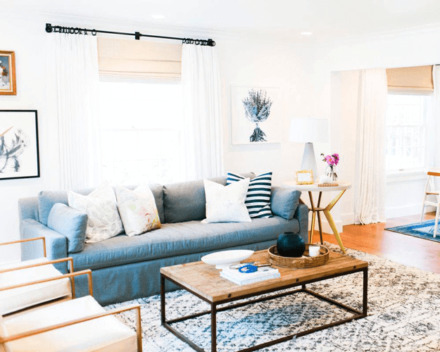 white modern living room slate blue sofa