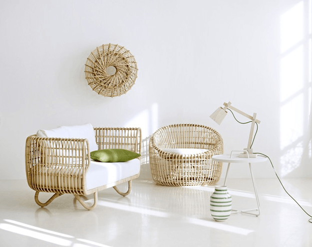 rattan seating in white room