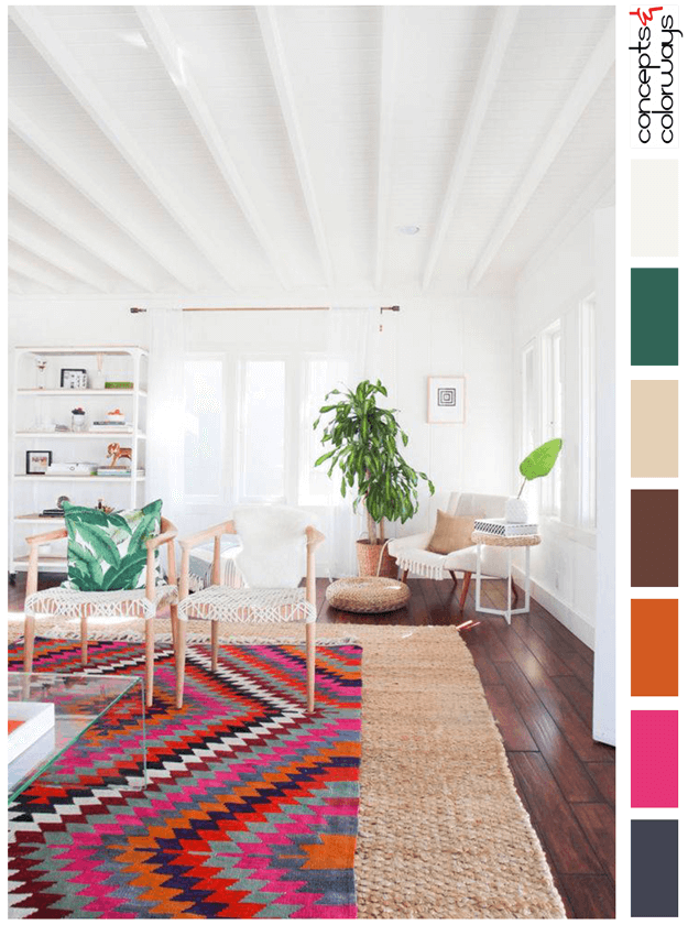 white bungalow style living room with colorful accents
