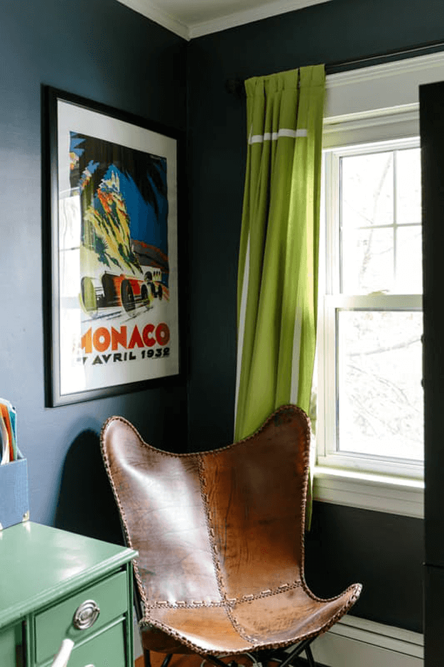 dark navy blue room with lime green curtains