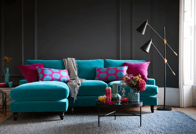 teal sectional sofa in living room pantone shaded spruce