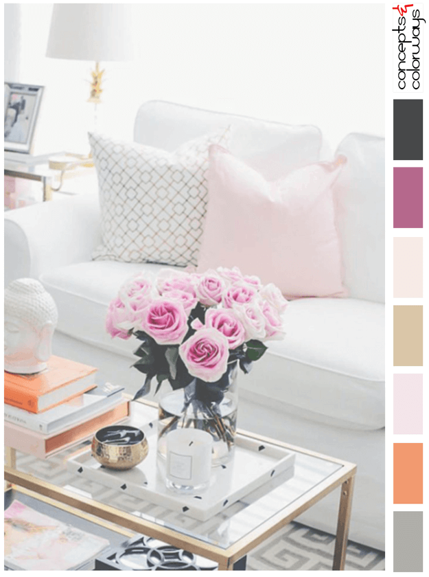 white living room with pink accents