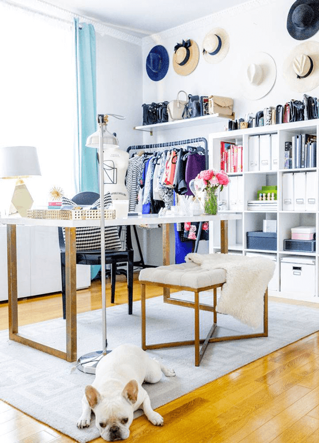 home office with navy blue accents