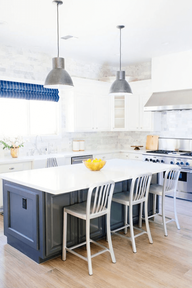 white kitchen with navy blue accents
