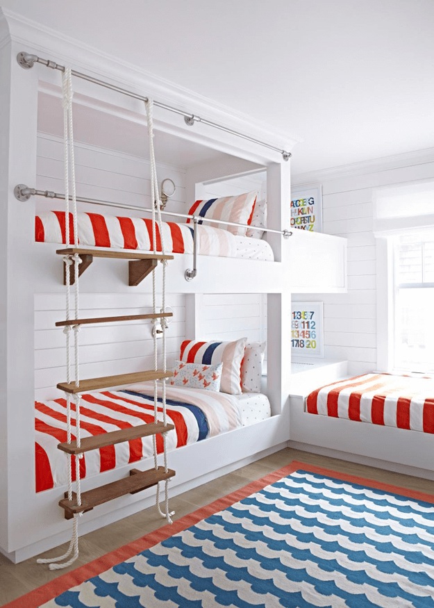 nautical style bedroom with red white and blue accents