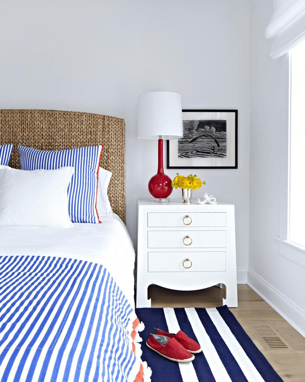 nautical style bedroom with red white and blue accents