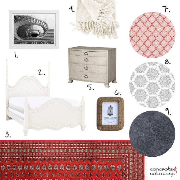 A DREAMY WHITE BEDROOM WITH BRIGHT RED RUG Concepts and Colorways