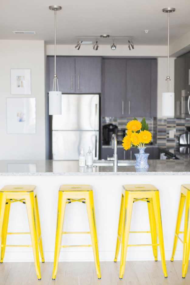 modern kitchen with bright yellow stools