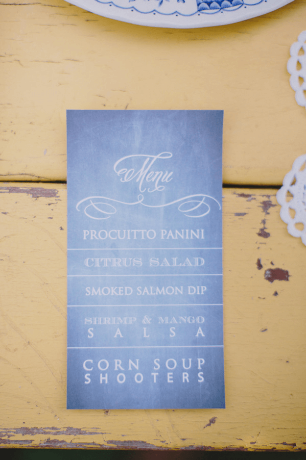 periwinkle blue menu on yellow table