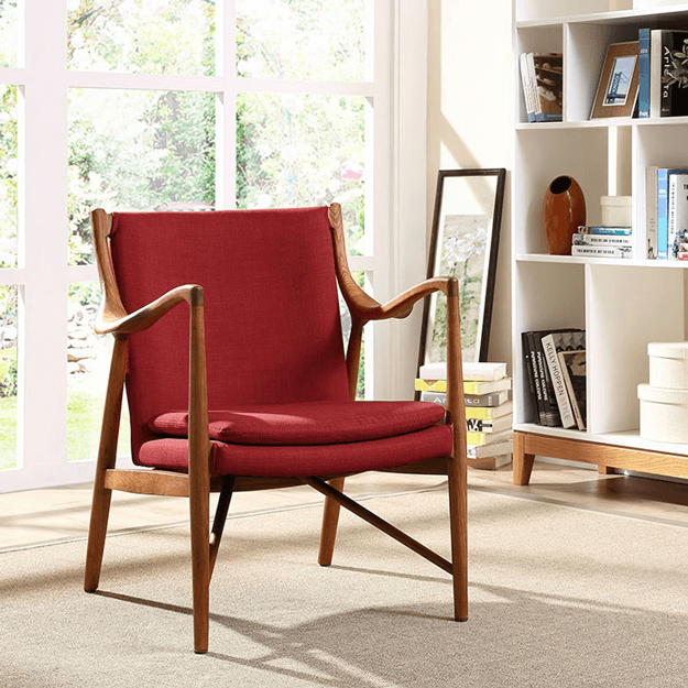 chili red upholstered mid century modern chair