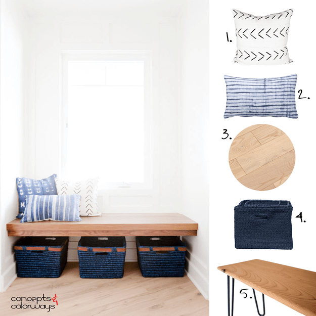 bench seat, indigo, mudcloth pillows, mudcloth pillow, white farmhouse, white oak flooring, natural cherry, minimalist interior design