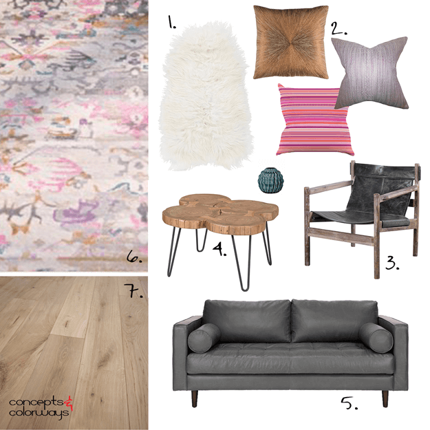 modern living room, pink rug, sheepskin, copper wire lights, copper lights, teal decor, purple pillow, copper pillow, hot pink, charcoal gray, ivory, lavender, copper, teal