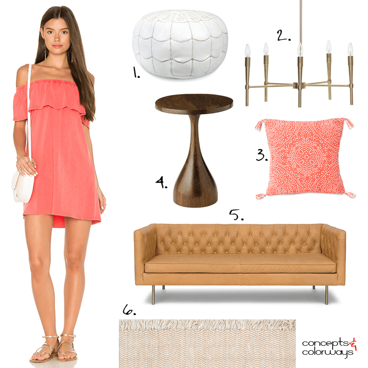 coral dress, coral peach, tan leather sofa, tan leather couch, peach pillow, peach throw pillows, coral pillows, coral throw pillows, gold modern chandelier, white moroccan pouf, leather pouf, moroccan pouf, jute rug, round side table, modern side table