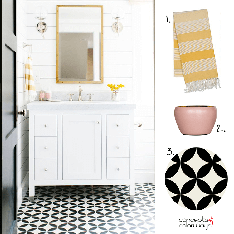 black and white bathroom, black and white tile, black door, pink and yellow, white marble, white shiplap, yellow flowers, white vanity cabinet, glass globe wall sconce, blush pink, bamboo mirror, yellow striped towels, towel ring, ochre, black and white, bright yellow