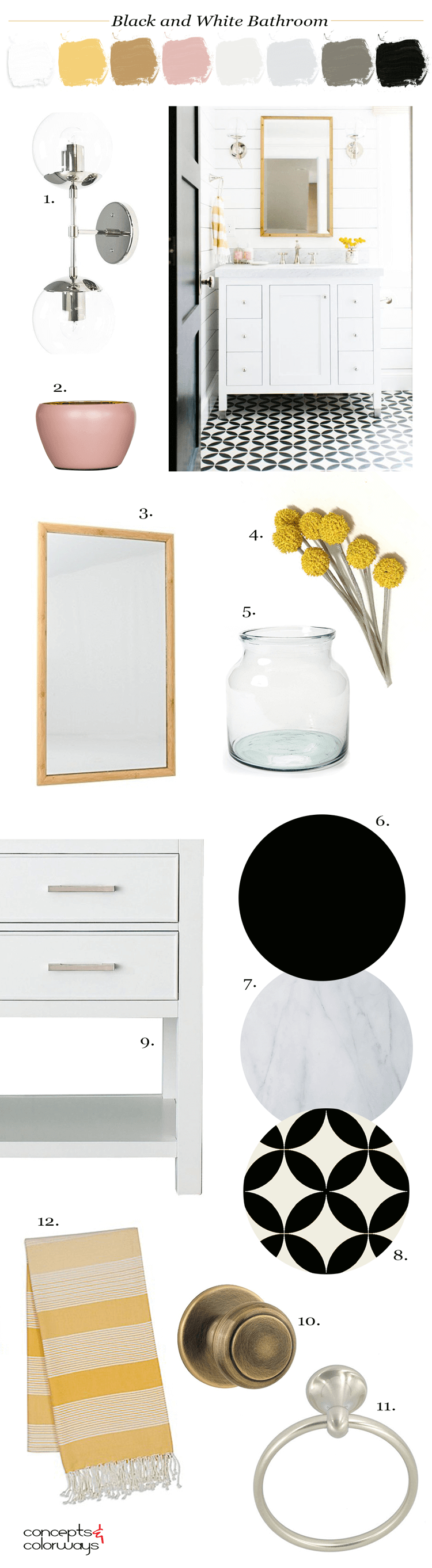 black and white bathroom, black and white tile, black door, pink and yellow, white marble, white shiplap, yellow flowers, white vanity cabinet, glass globe wall sconce, blush pink, bamboo mirror, yellow striped towels, towel ring, ochre, black and white, bright yellow