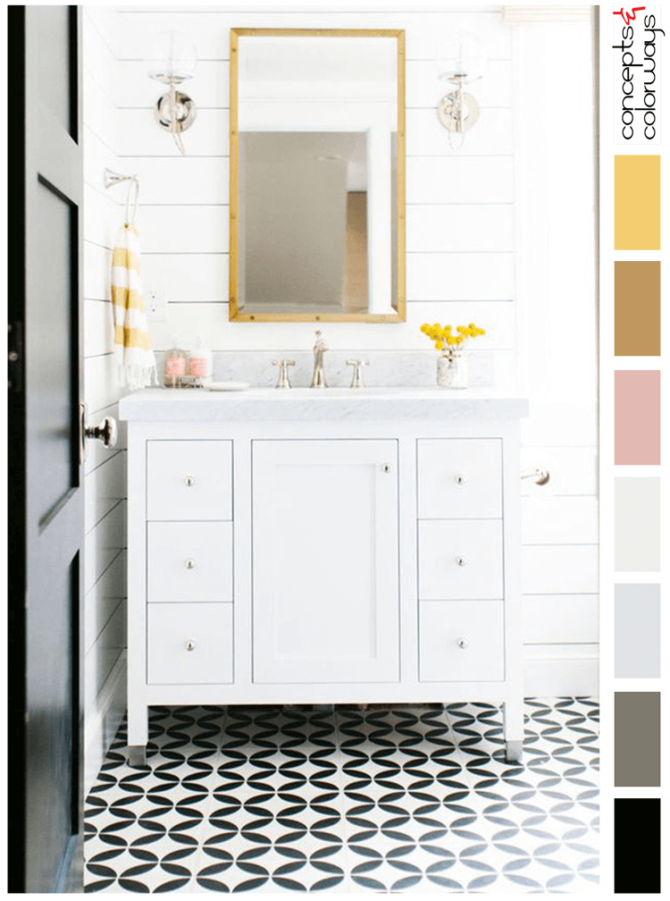 pink and yellow, black and white bathroom, bright yellow, black and white, ochre, blush pink, black and white tile, black door, white marble, white shiplap, yellow flowers, white vanity cabinet, glass globe wall sconce, bamboo mirror, yellow striped towels, towel ring