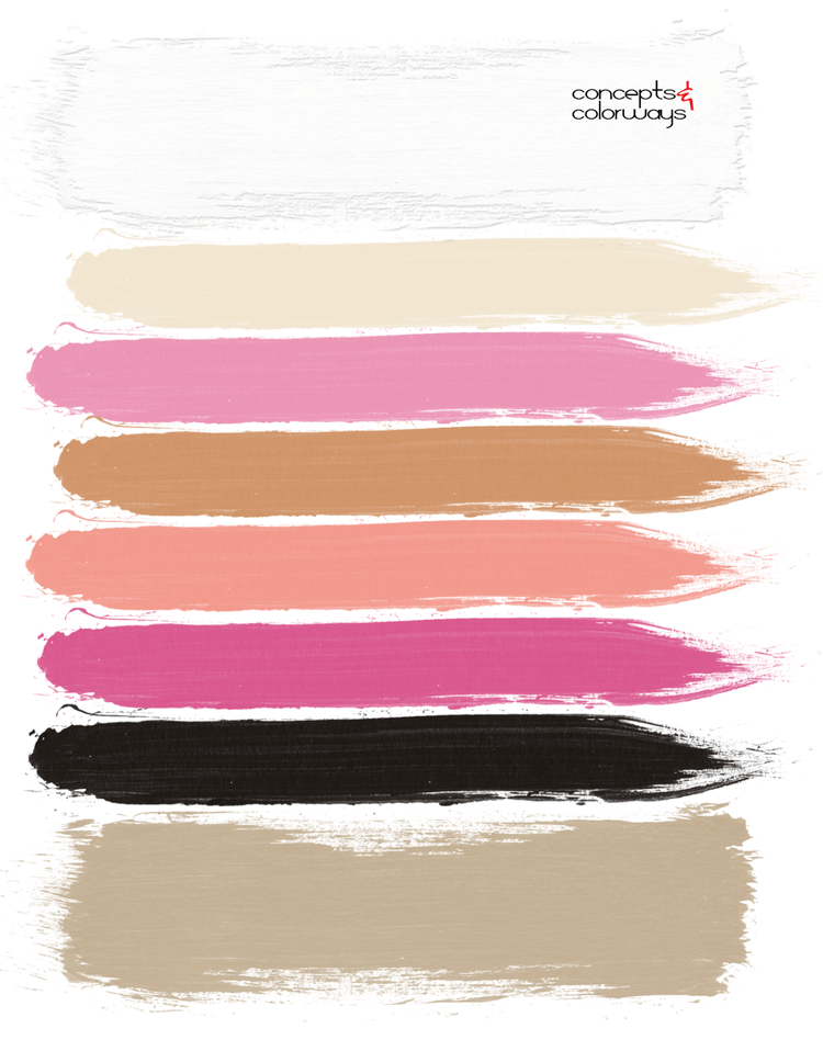 vintage pinks, bubblegum pink, peach, fuchsia pink, light tan, ivory, black and white, warm tan, paint palette