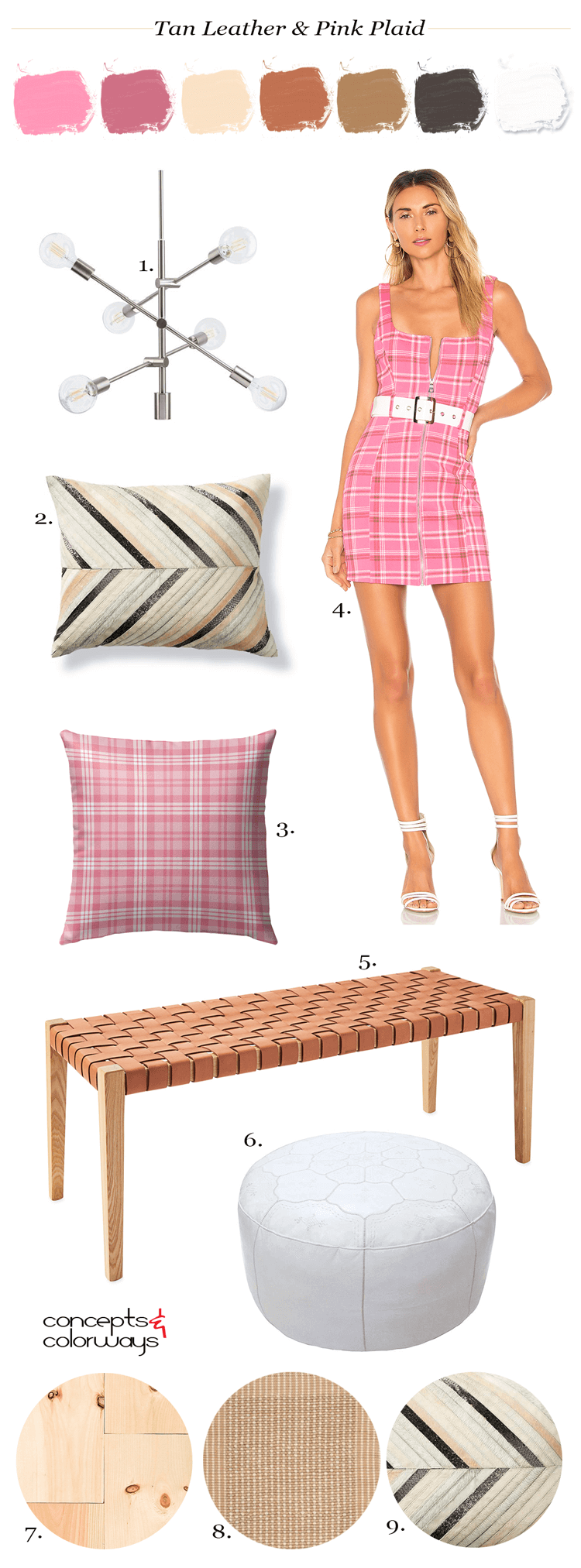 tan leather, pink plaid, hot pink decor, pink room decor, pink and tan, pink plaid dress, plaid dress, pink plaid pillow, maple flooring, tan rug, cowhide pillows, white leather pouf, woven leather bench, modern chandeliers, interior design ideas, pantone rapture rose