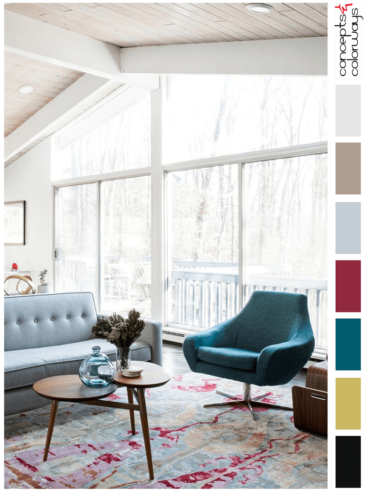 teal and pink, color palette, teal chair, mid century modern, modern sectional, teal, chartreuse, pink, retro chair, grey, taupe, black flooring, berry red, mid century modern furniture, pantone red pear, pantone ceylon yellow, pantone quetzal green, retro furniture, wood ceiling, wood ceiling planks