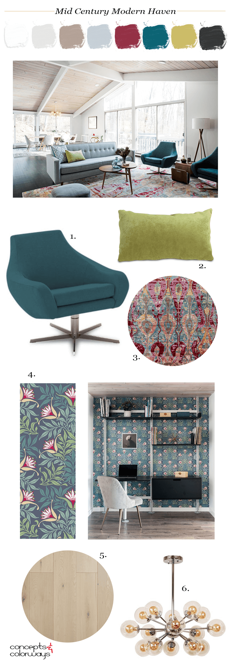 mid century modern, summer home, warm neutrals, beige, taupe, grey walls, teal, pink, teal and pink, mid century modern furniture, color scheme, chartreuse, color palette, pantone red pear, pantone ceylon yellow, pantone quetzal green