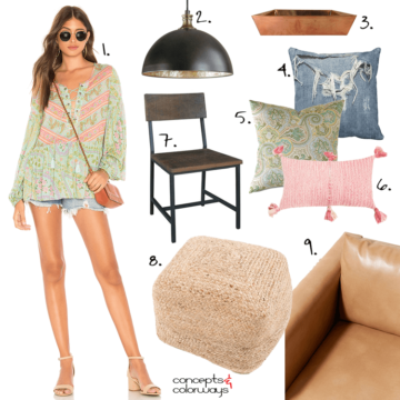 casual living, pink and green, sage green, sage green decor, coral pink, distressed denim, bronze pendant light, copper serving tray, dark wood, paisley pillows, tassel pillow, denim pillows, tan leather sofa, natural fiber pouf, sage green blouse with pink accents, distressed denim cut off shorts