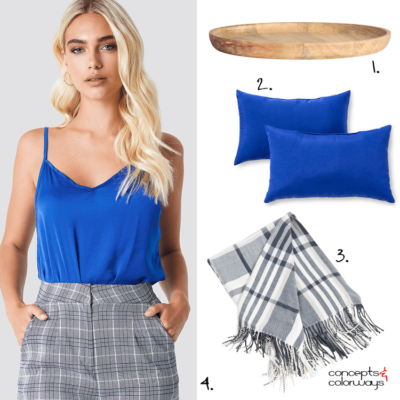A Cobalt Blue and Gray Palette with Plaid Pattern and Natural Wood