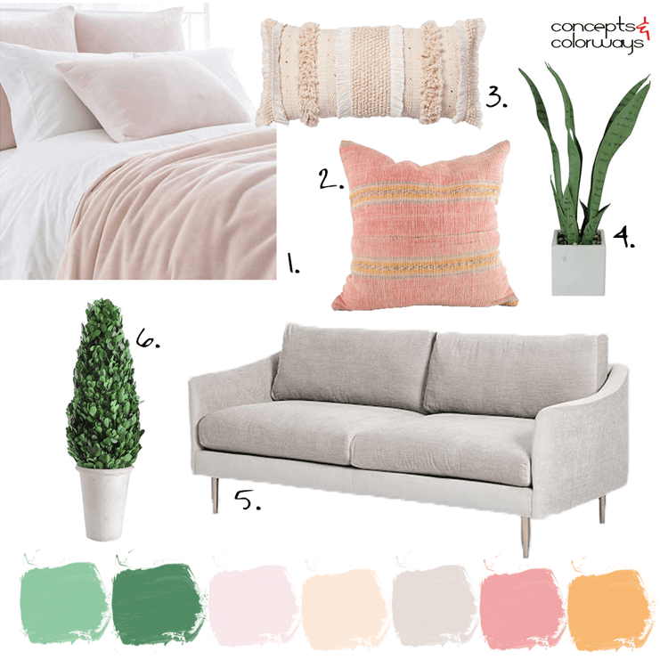 taupe sofa, indoor plants, blush pink blanket, pink blanket, blush pink bedding, topiary, kilim pillows, pink kilim pillow, peach pillow, pink bedroom, peach and green