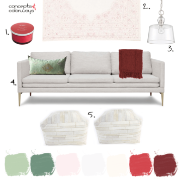 red and green, white living room, burgundy throw, mint green pillows, clear glass pendant light, blush pink rug, pink rug, red candles, modern sofa, ivory fabric, square pouf, pink and red, ivory, mint green, sage green, light pink, burgundy, dark red, faded red, warm white, pantone spiced apple, pantone nile green