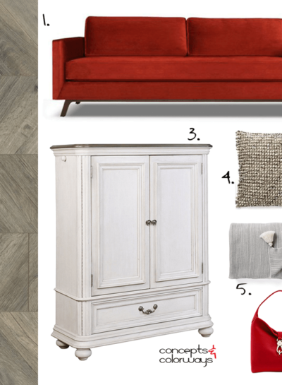 Get the French Chateau Look with a Herringbone Wood Floor and a Bright Red Sofa