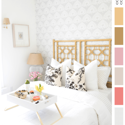 pink and gold, grey and white, black and white floral print, blush pink, light taupe, gold decor, gold accents, pink grapefruit, white serving tray, rattan bed, black and white pillows, wicker lamp shades, damask wallpaper, white table lamp, pink tulips, clear glass vases, guest bedroom