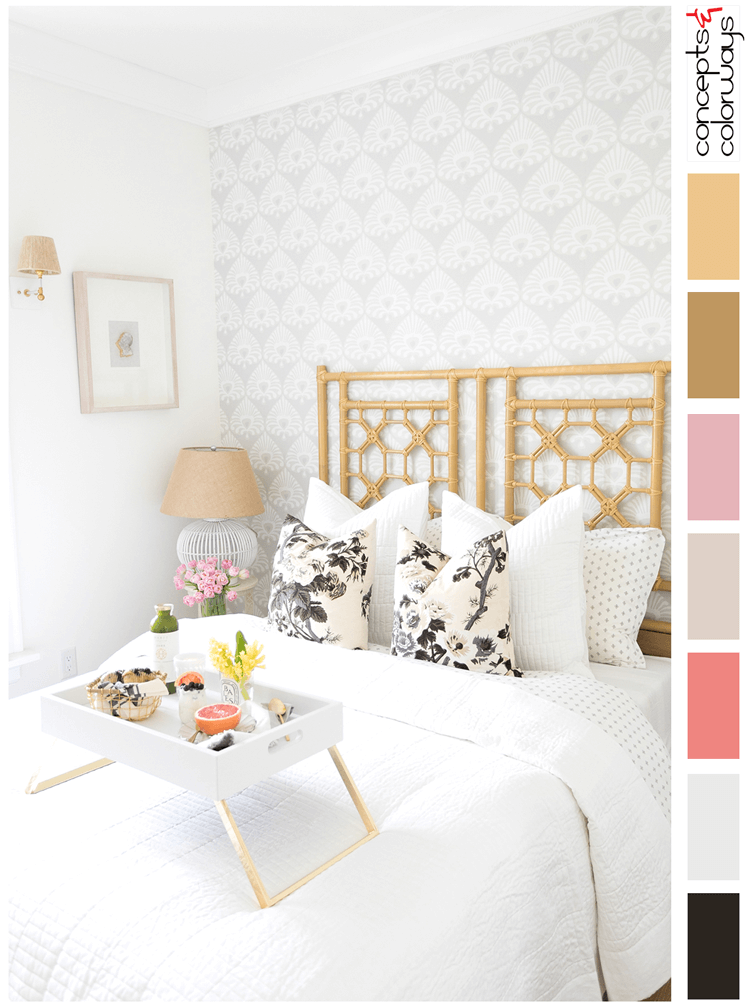 pink and gold, grey and white, black and white floral print, blush pink, light taupe, gold decor, gold accents, pink grapefruit, white serving tray, rattan bed, black and white pillows, wicker lamp shades, damask wallpaper, white table lamp, pink tulips, clear glass vases, guest bedroom