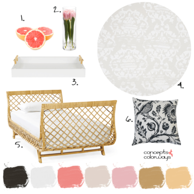 pink and gold, rattan bed, black and white pillows, black and white floral pillow, pink grapefruit, white serving tray, gold handles, damask wallpaper, pink tulips, clear glass vases, guest bedroom, blush pink, light taupe, grey and white, black and white floral print, gold decor, gold accents