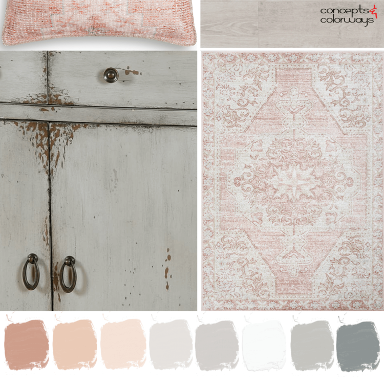 A gray and peach dining room mood board with paint palette