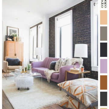 eclectic living room with light purple sofa