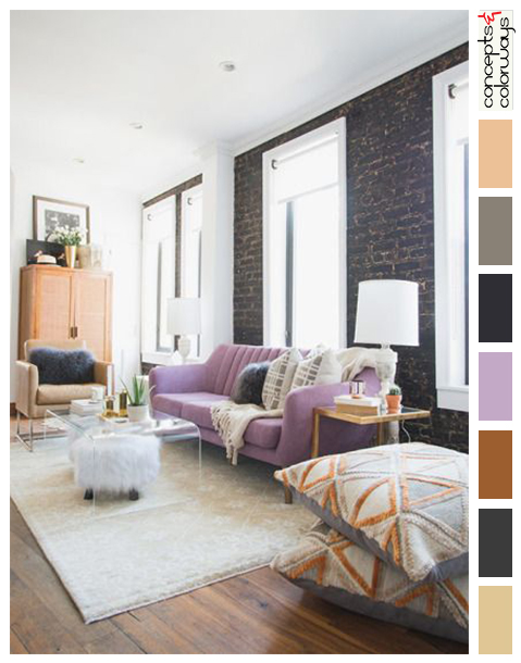 eclectic living room with light purple sofa