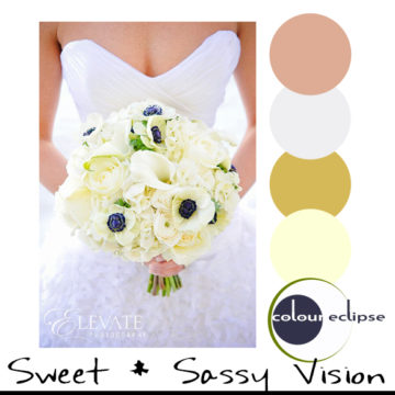 cream and dark blue wedding bouquet with color palette