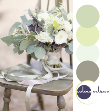 wedding bouquet on olive gray chair
