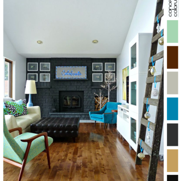 modern lakehouse interior with blue holiday decor