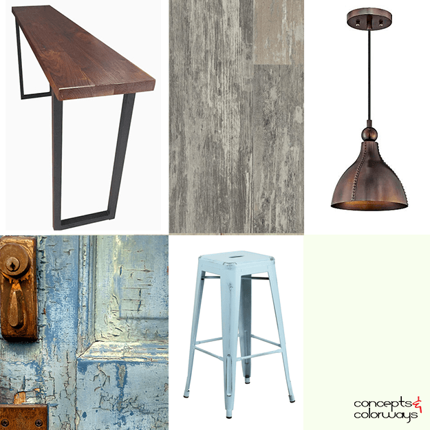 sky blue and distressed carpet interior mood board