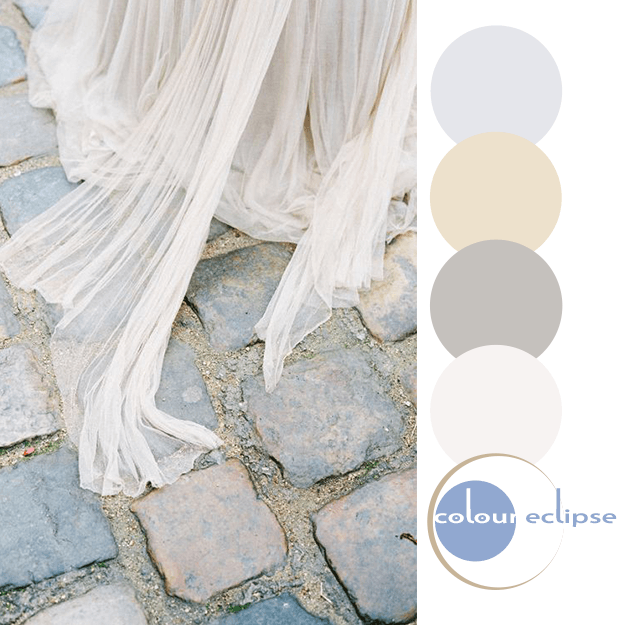 ivory gown over stone pavers with color palette