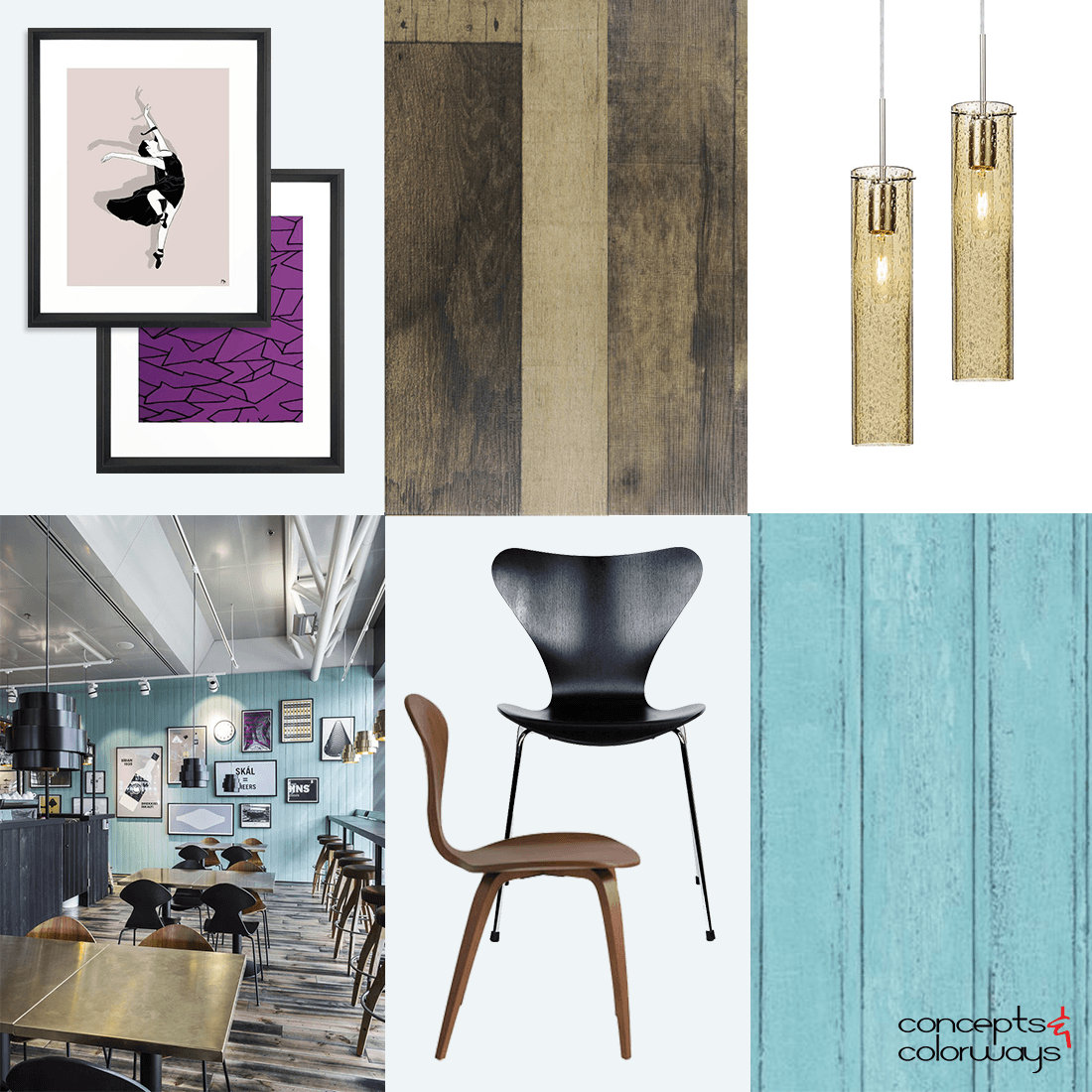 turquoise and wood interior mood board