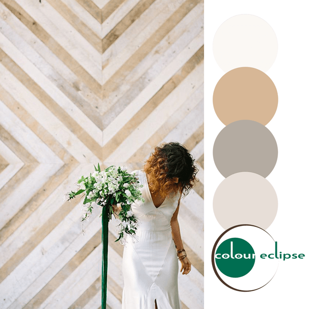 tan and white color palette with emerald green accent