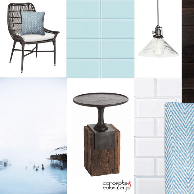 blue and dark bronze interior mood board